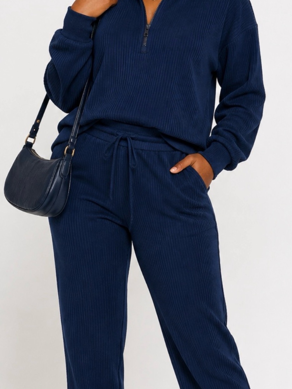AthLeisure Preppy Prettygarden Relaxed Navy Ribbed Joggers with Drawstring Waist